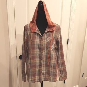 Hooded Button Down Shirt with Rust Hood and Rose Plaid